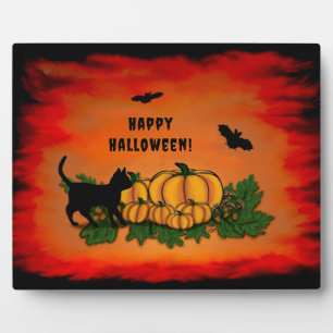 Happy Halloween , Black Cat , Bat and Pumpkin Plaque