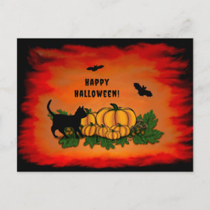 Happy Halloween , Black Cat , Bat and Pumpkin Postcard