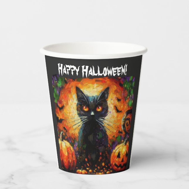 Happy Halloween Black Cat Bats Pumpkins Paper Cups (Front)