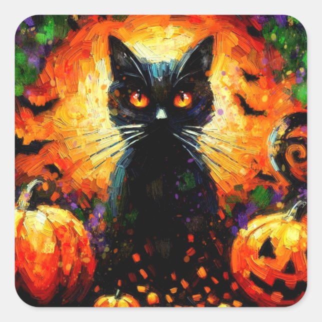 Happy Halloween Black Cat Bats Pumpkins Square Sticker (Front)