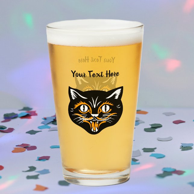Happy Halloween black Cat Face  Glass (Halloween vintage black cat face with orange and white accents on glass drink tumbler.)