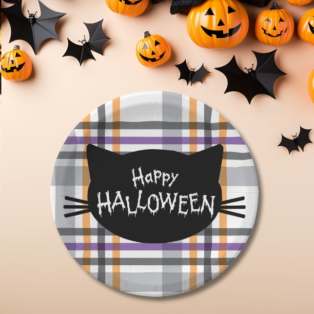 Happy Halloween Black Cat Face Silhouette Paper Plate (Happy Halloween Black Cat Face Silhouette Paper Plates)