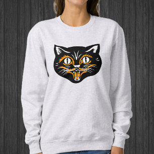 Happy Halloween black Cat Face With Orange White Sweatshirt