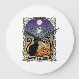 Happy Halloween Black Cat Ghosts Pumpkins_1 Large Clock