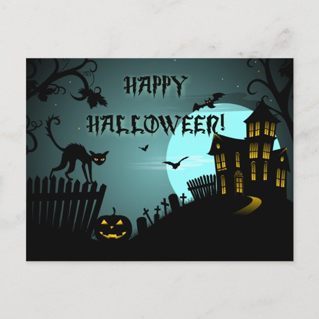 Happy Halloween Black Cat Haunted House Blue Postcard (Front)