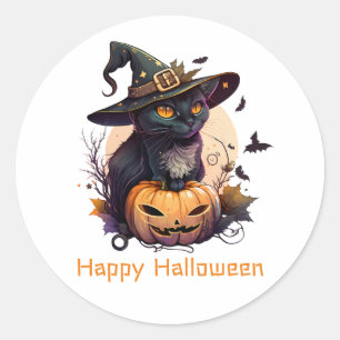Happy Halloween Black Cat Jack-o-Lantern Classic Round Sticker