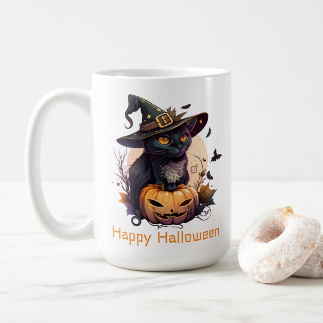 Happy Halloween Black Cat Jack-o-Lantern Coffee Mug (With Donut)