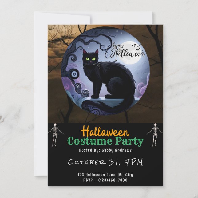 Happy Halloween Black Cat Moon Black Halloween Invitation (Front)