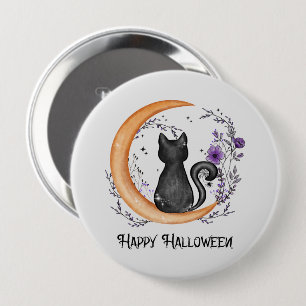Happy Halloween – Black Cat on Crescent Moon 10 Cm Round Badge