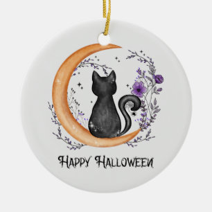 Happy Halloween – Black Cat on Crescent Moon Ceramic Tree Decoration