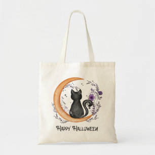 Happy Halloween – Black Cat on Crescent Moon Tote Bag