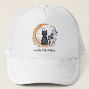 Happy Halloween – Black Cat on Crescent Moon Trucker Hat