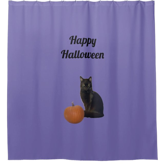 Happy Halloween Black Cat Orange Pumpkin Purple Shower Curtain (Front)