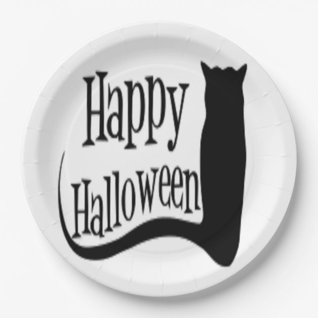 "HAPPY HALLOWEEN" BLACK CAT PAPER PLATE (Front)