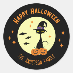 Happy Halloween Black Cat Personalised Classic Round Sticker