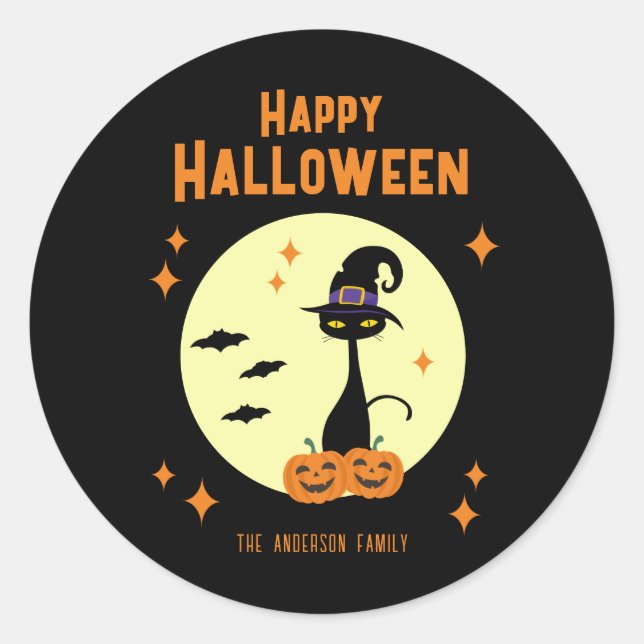 Happy Halloween Black Cat Personalised Classic Round Sticker (Front)
