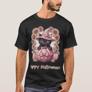 Happy Halloween Black Cat Pink Pumpkin T-Shirt