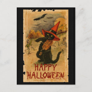 Happy Halloween Black Cat Playing Fiddle Bats Postcard