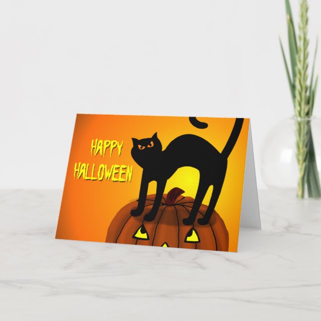 Happy Halloween Black Cat Pumpkin Card (Front)