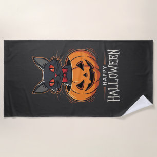 Happy Halloween Black Cat Pumpkin Design_1 Beach Towel