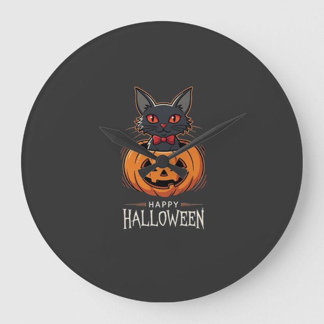 Happy Halloween Black Cat Pumpkin Design_1 Large Clock (Front)