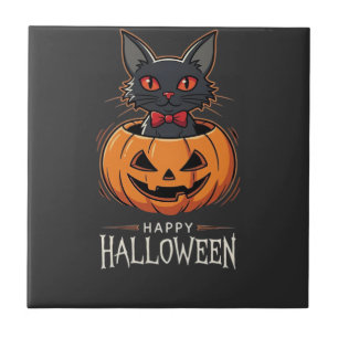 Happy Halloween Black Cat Pumpkin Design_1 Tile