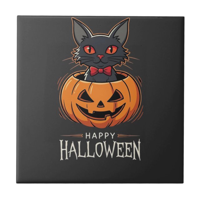 Happy Halloween Black Cat Pumpkin Design_1 Tile (Front)