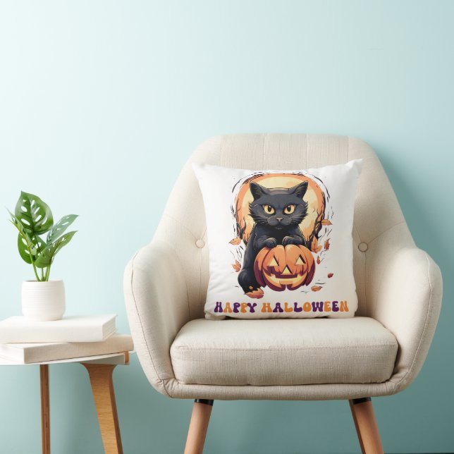 Happy Halloween Black Cat Pumpkin Halloween Cushion (Chair)
