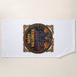 Happy Halloween Black Cat Pumpkins Bones_1 Beach Towel