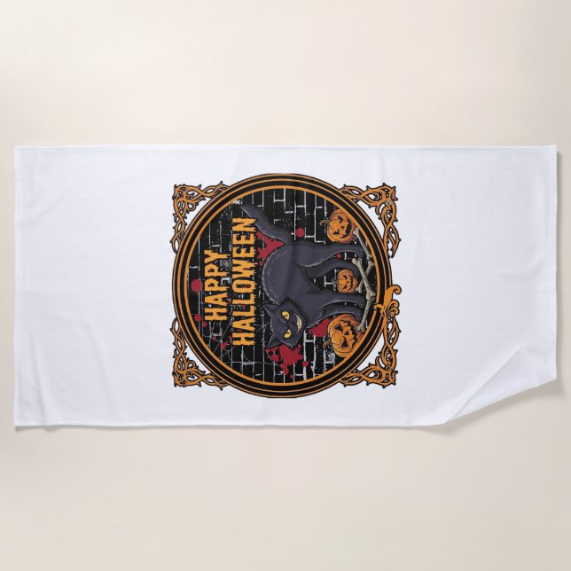 Happy Halloween Black Cat Pumpkins Bones_1 Beach Towel (Front)