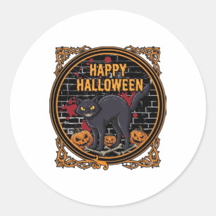 Happy Halloween Black Cat Pumpkins Bones_1 Classic Round Sticker