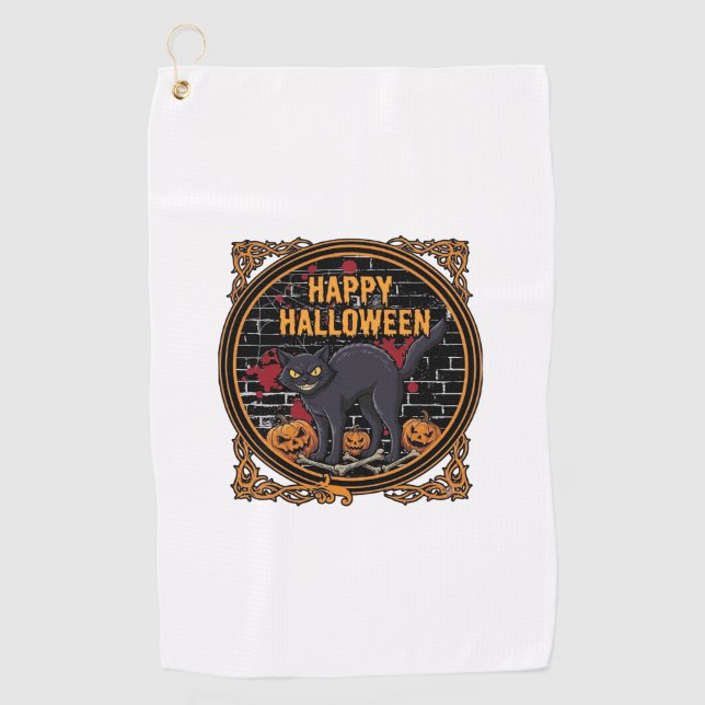 Happy Halloween Black Cat Pumpkins Bones_1 Golf Towel (Front)