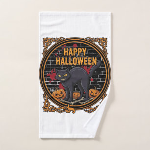 Happy Halloween Black Cat Pumpkins Bones_1 Hand Towel