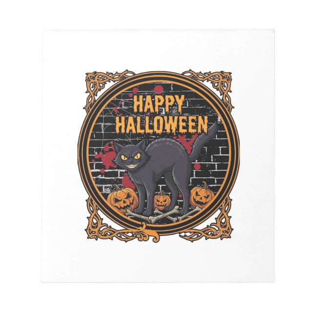 Happy Halloween Black Cat Pumpkins Bones_1 Notepad (Front)