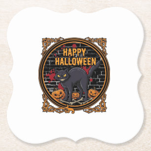 Happy Halloween Black Cat Pumpkins Bones_1 Paper Coaster