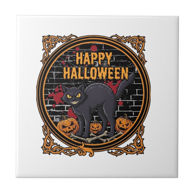 Happy Halloween Black Cat Pumpkins Bones_1 Tile (Front)