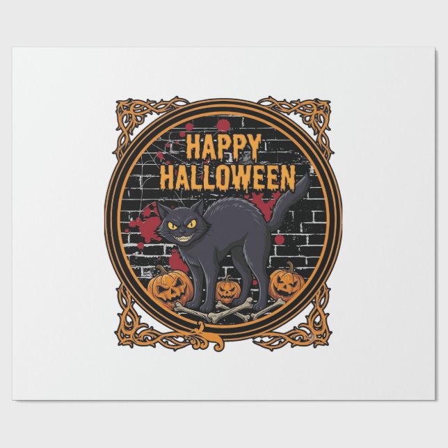 Happy Halloween Black Cat Pumpkins Bones_1 Wrapping Paper (Flat)
