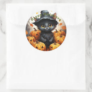 Happy Halloween Black Cat Pumpkins Classic Round Sticker