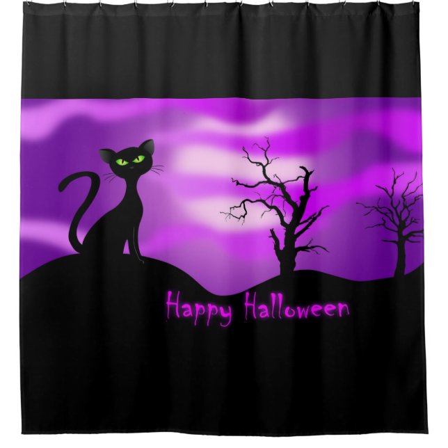 Happy Halloween Black Cat Purple Shower Curtain (Front)
