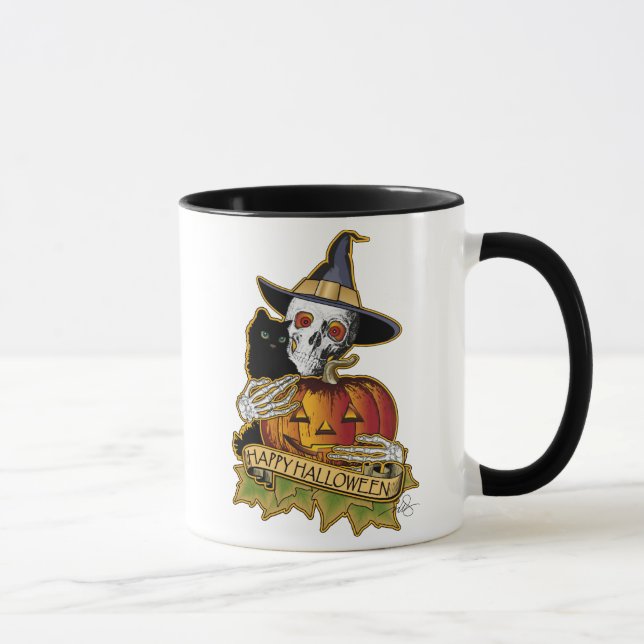 Happy Halloween Black Cat, Skull and Pumpkin Mug (Right)
