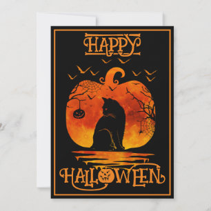 Happy Halloween Black Cat Spider Bats Invitation