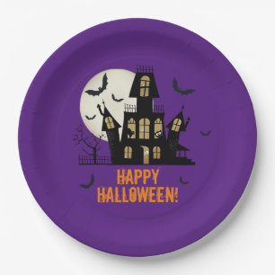 Happy Halloween Black Cat Spooky Haunted House Paper Plate