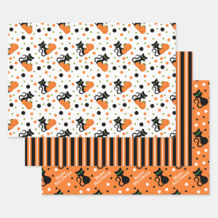 Happy Halloween Black Cat Stripes Polkadots Wrapping Paper Sheet