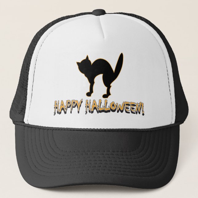 Happy Halloween Black Cat Trucker Hat (Front)