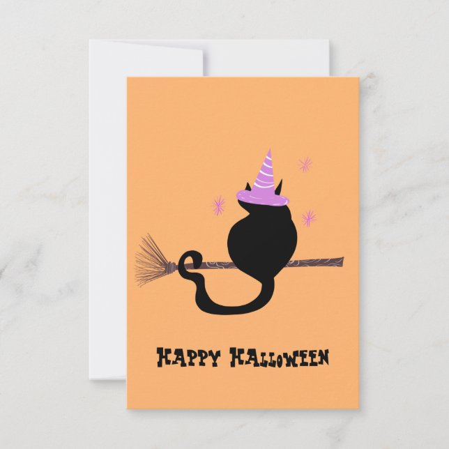 Happy Halloween Black Cat Witch Hat and Broom Card (Front)