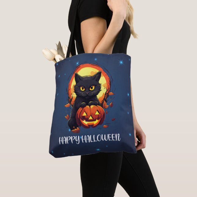 Happy Halloween Black Cat with Pumpkin Halloween Tote Bag (Close Up)