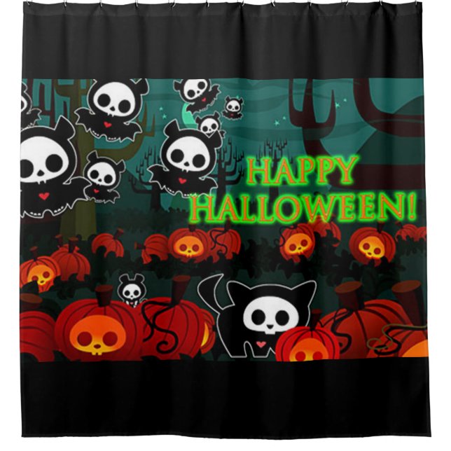 Happy Halloween Black Cats And Bats Shower Curtain (Front)