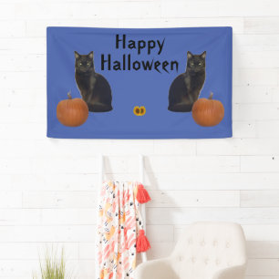 Happy Halloween Black Cats Pumpkins on Blue Banner