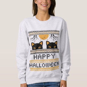 Happy Halloween Black Cats Ugly Sweater Faux Knit