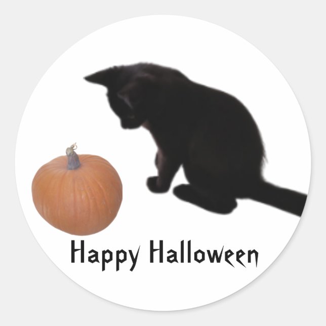 Happy Halloween Black Kitten and Orange Pumpkin Classic Round Sticker (Front)